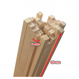 Set of 50 wooden sticks (square, 5x5 mm, 60 cm length, birch wood)