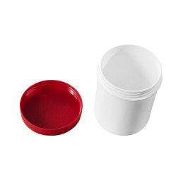 Bílá dóza s červeným víčkem (kapacita 35 ml, PP plast)