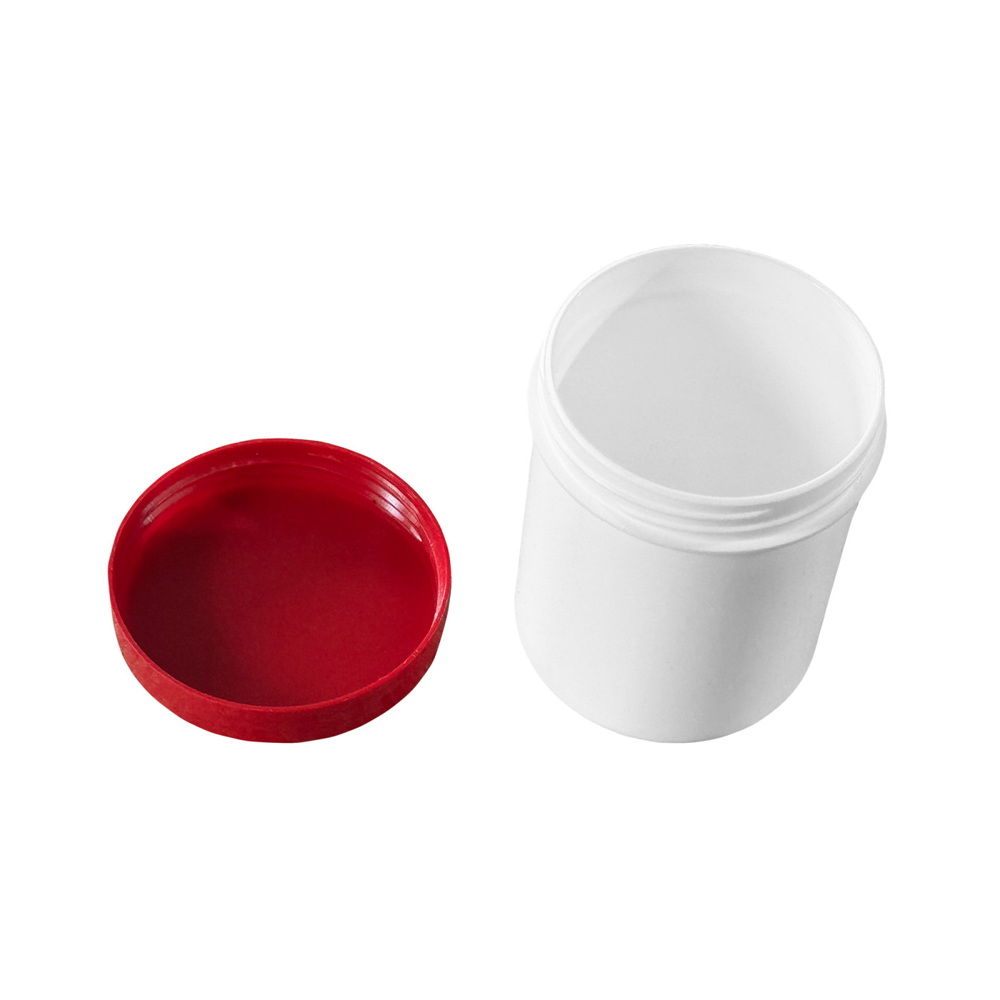 White jar with red lid (35 ml capacity, PP plastic)