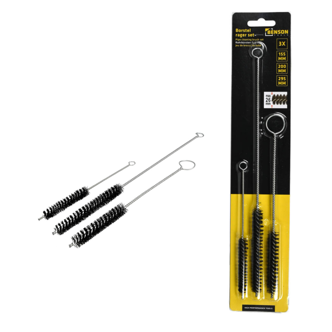 Set of 3 long brushes (for cleaning pipes, chains, parts)