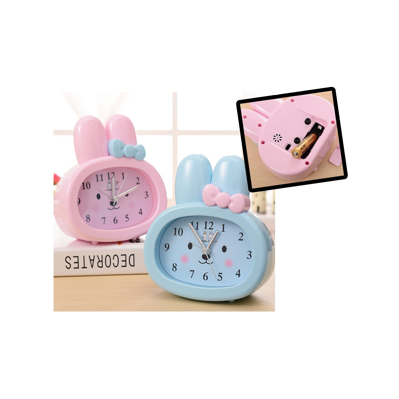 Funny childrens alarm clock for boys: blue rabbit