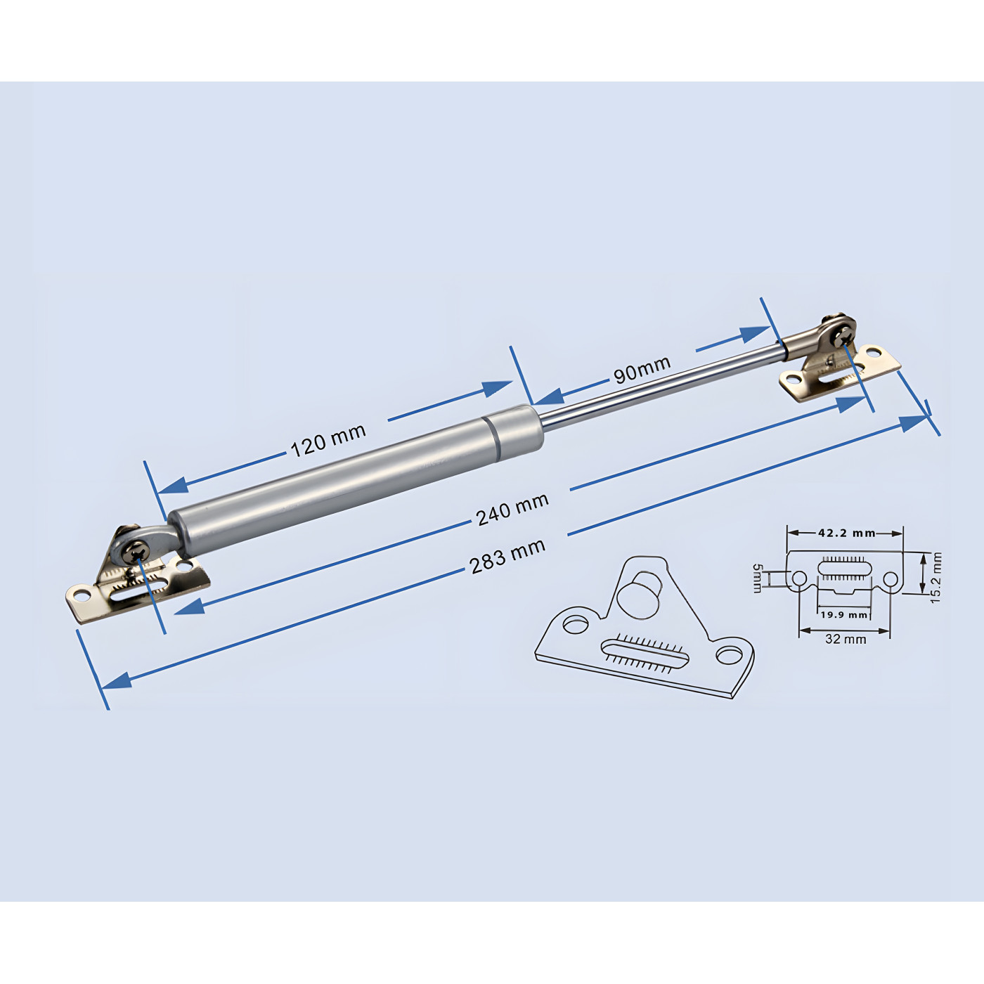 Universelle Gaszugfeder mit Halterungen (150N/15kg, mm, Silber)