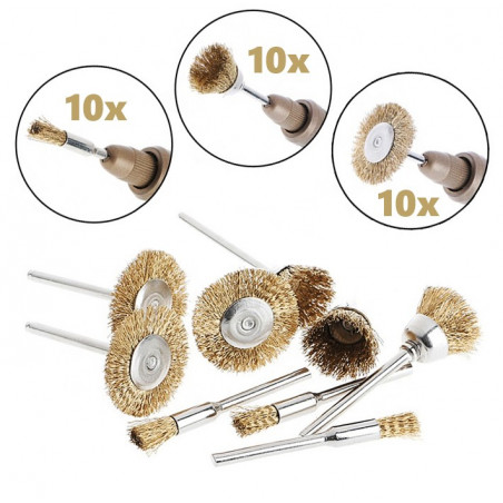 Set of 30 brass wire brushes, 3 shapes (3 mm shank)