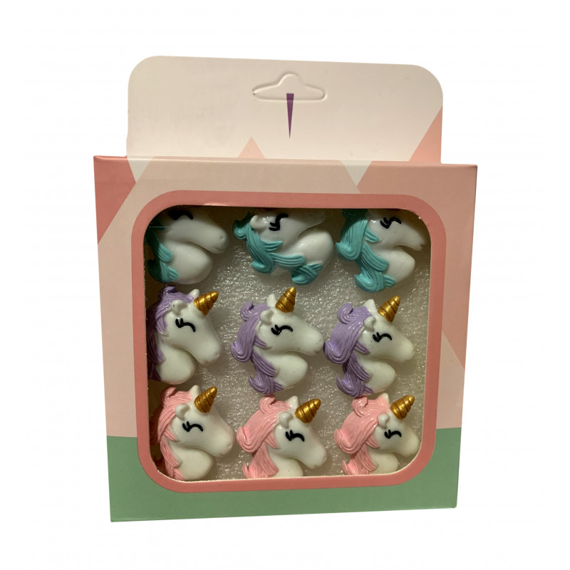 Conjunto de 9 chinchetas lindas en una caja (modelo: unicornio1)