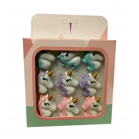 Conjunto de 9 chinchetas lindas en una caja (modelo: unicornio1)