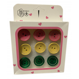 Set of 9 cute thumbtacks in a box (model: buttons pink, yellow