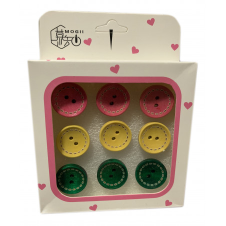 Set of 9 cute thumbtacks in a box (model: buttons pink, yellow