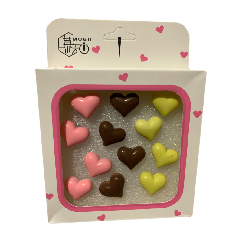 Set of 12 cute thumbtacks in a box (model: hearts, pink, brown