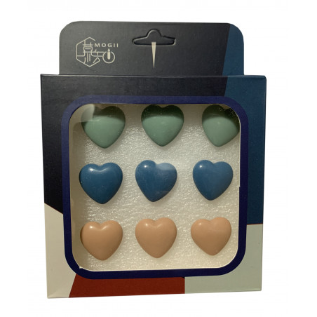 Set of 9 cute thumbtacks in a box (model: hearts, green, blue