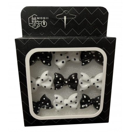 Set of 9 cute thumbtacks in a box (model: bows, black and white)