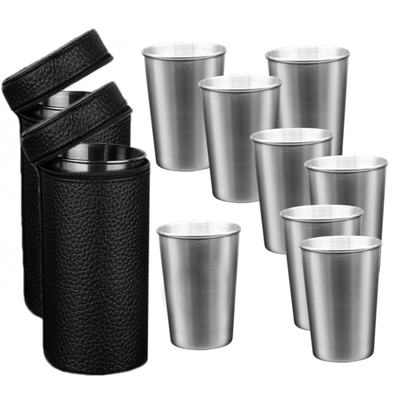 Set of 8 stainless steel cups (170 ml) with 2 leather bags (Wood, Tools