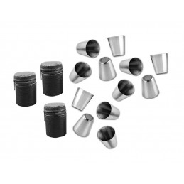 Set of 12 stainless steel cups (30 ml) with 3 leather bags